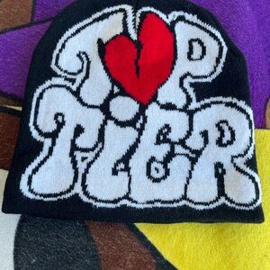 Black Beanie with White Graffiti Logo and Red Heart
